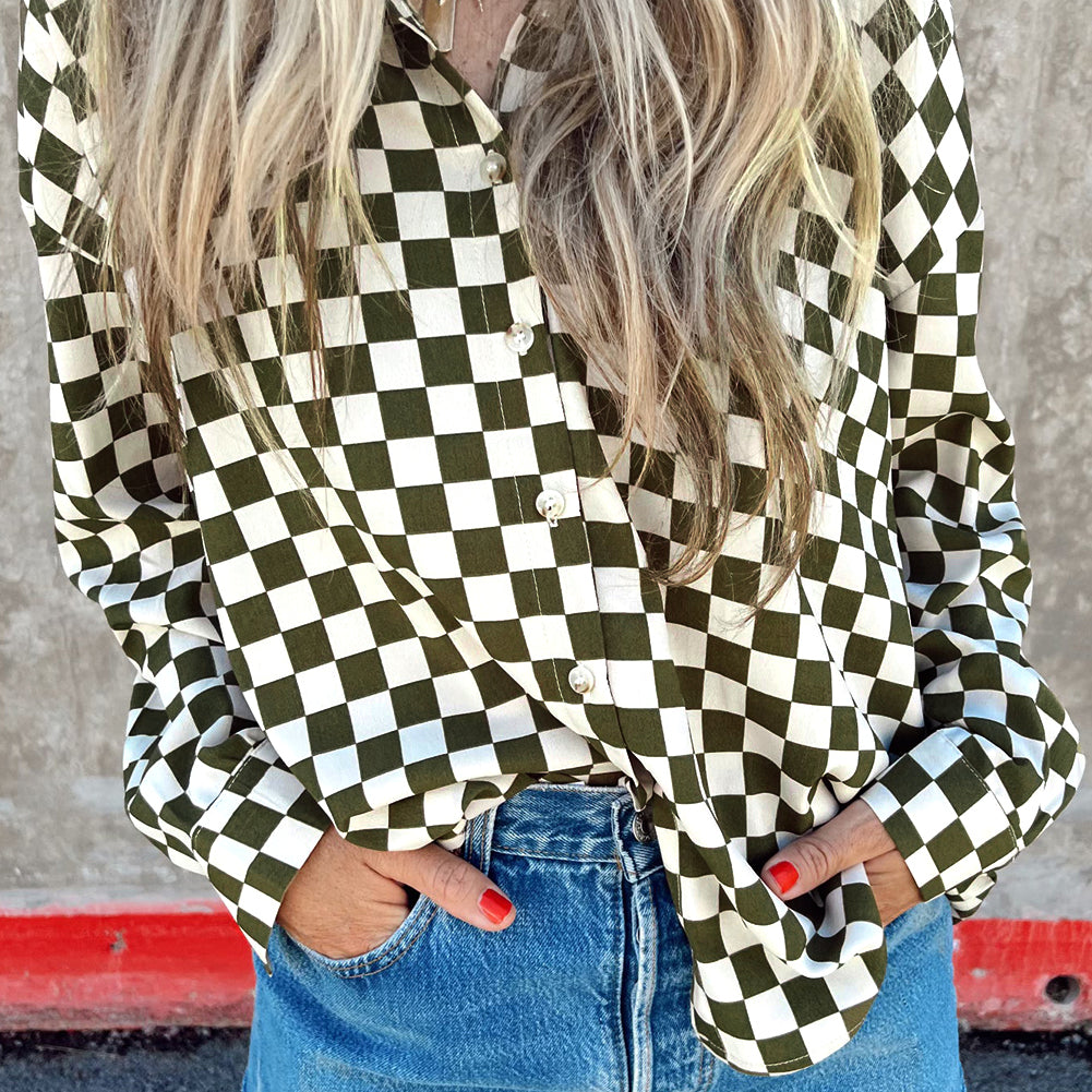 Green Checkerboard Printed Drop Shoulder Loose Casual Shirt