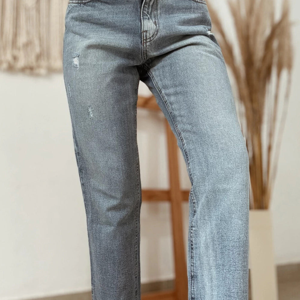 Beau Blue Slightly Distressed Ankle-length Straight Jeans