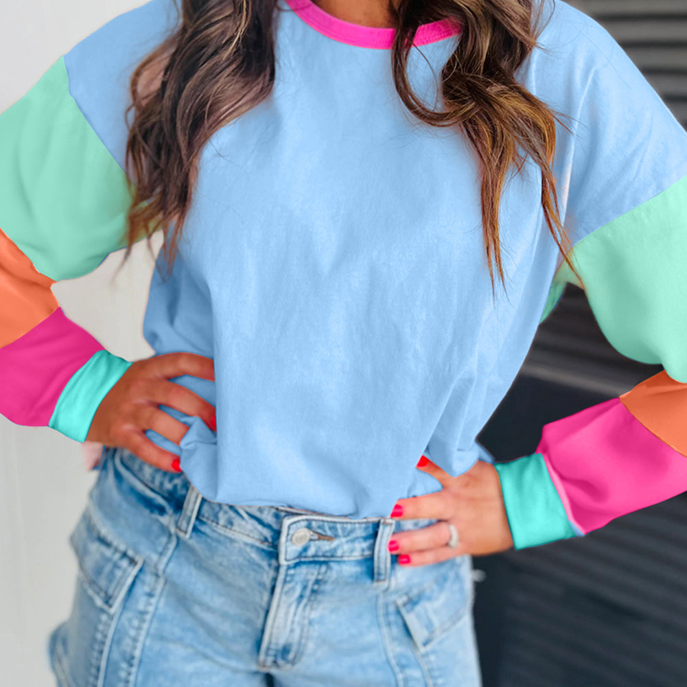 Green Colorblock Patchwork Long Sleeve Loose Top