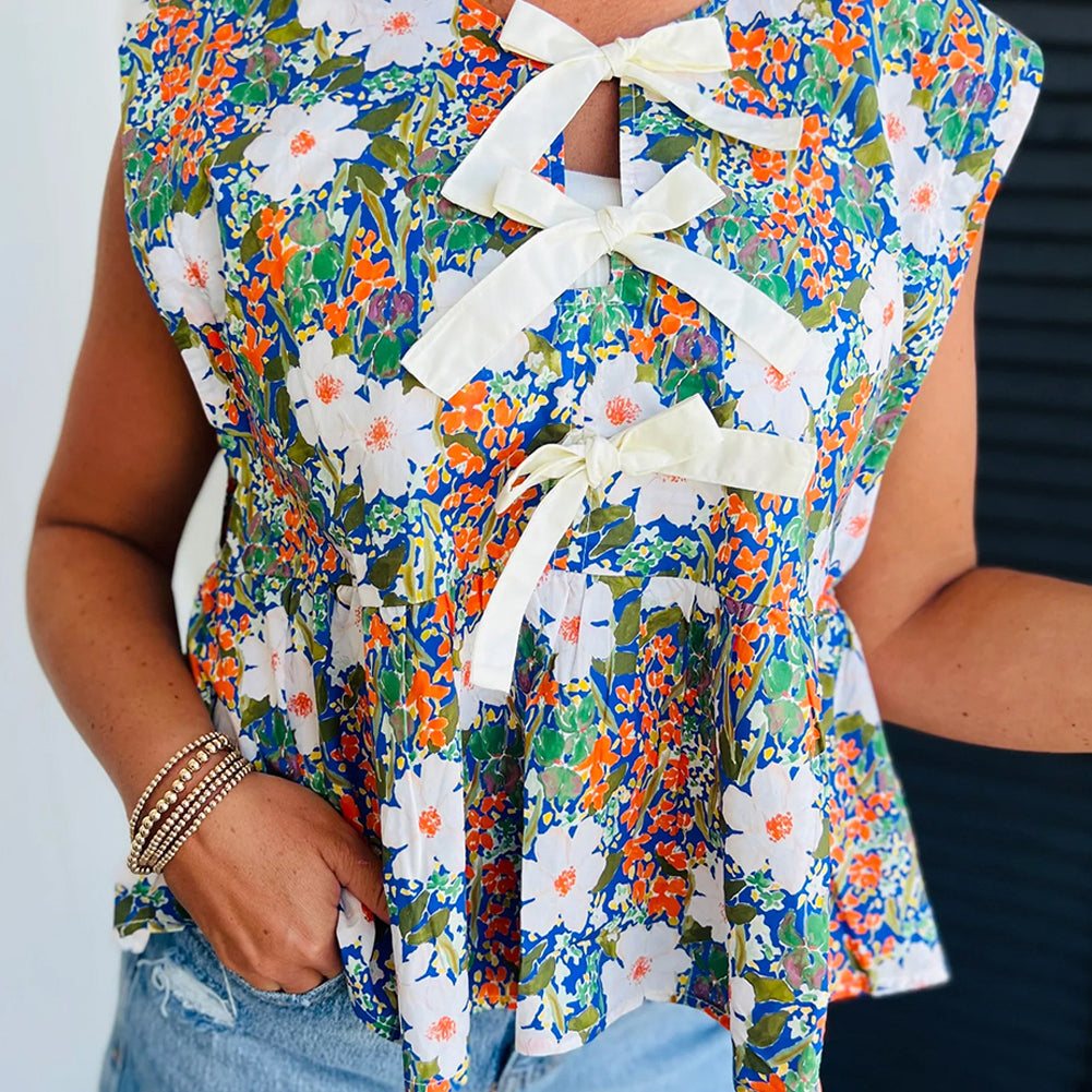 Rose Green Floral Print Bow Applique Slit Sleeveless Peplum Blouse
