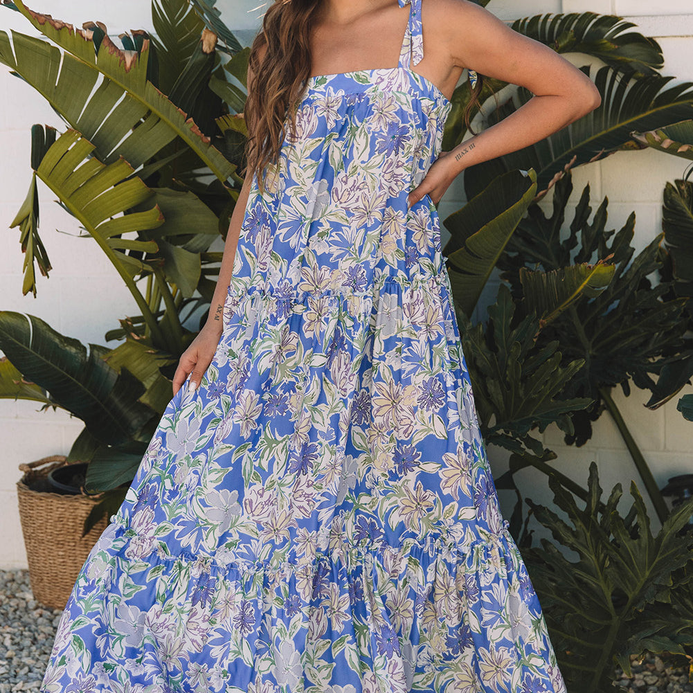 Sky Blue Floral Print Self-tie Straps Flowy Ruffle Long Dress
