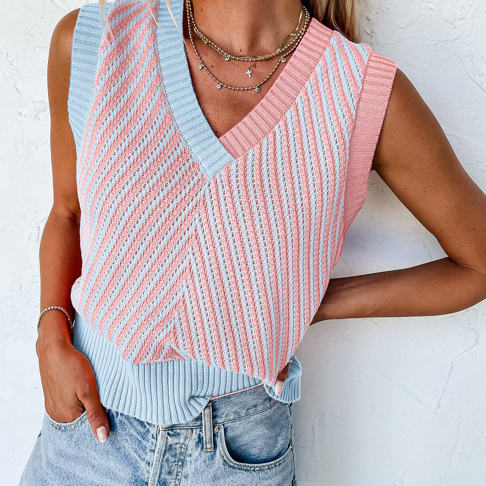 Sky Blue Contrast Chevron Knit V Neck Sweater Vest
