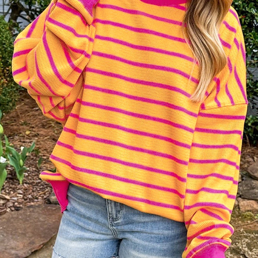 Orange Stripe Trimmed Round Neck Drop Shoulder Loose Sweater
