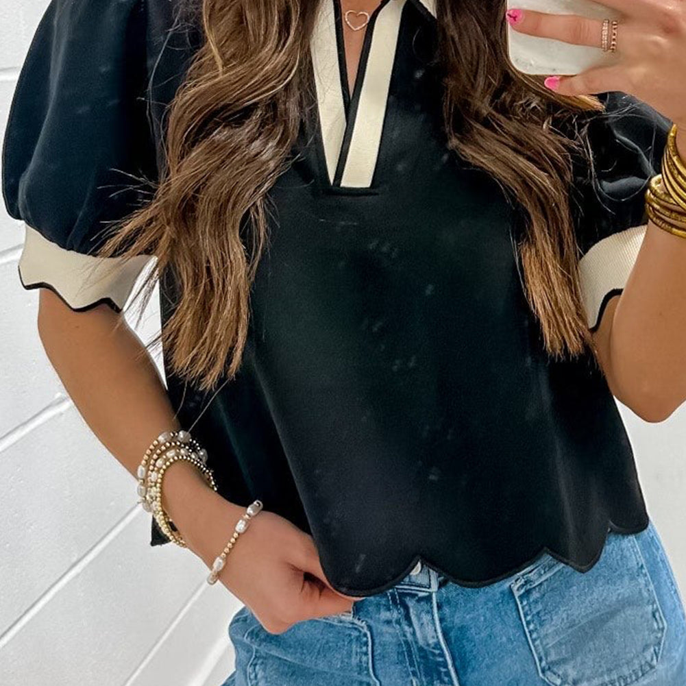Black Color Contrast Collared V Neck Puff Sleeve Blouse