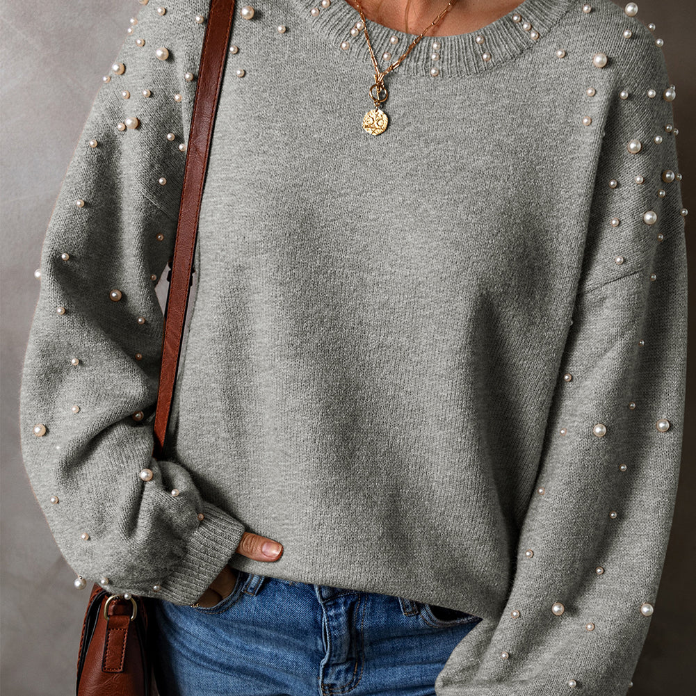 Evergreen Pearled Drop Shoulder Round Neck Sweater