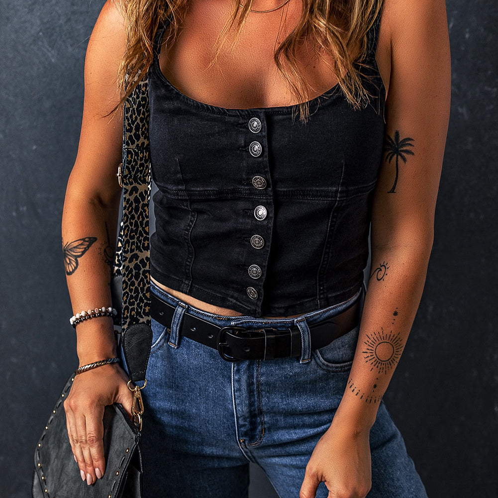 Black Acid Wash Buttoned Cropped Slim Denim Tank Top