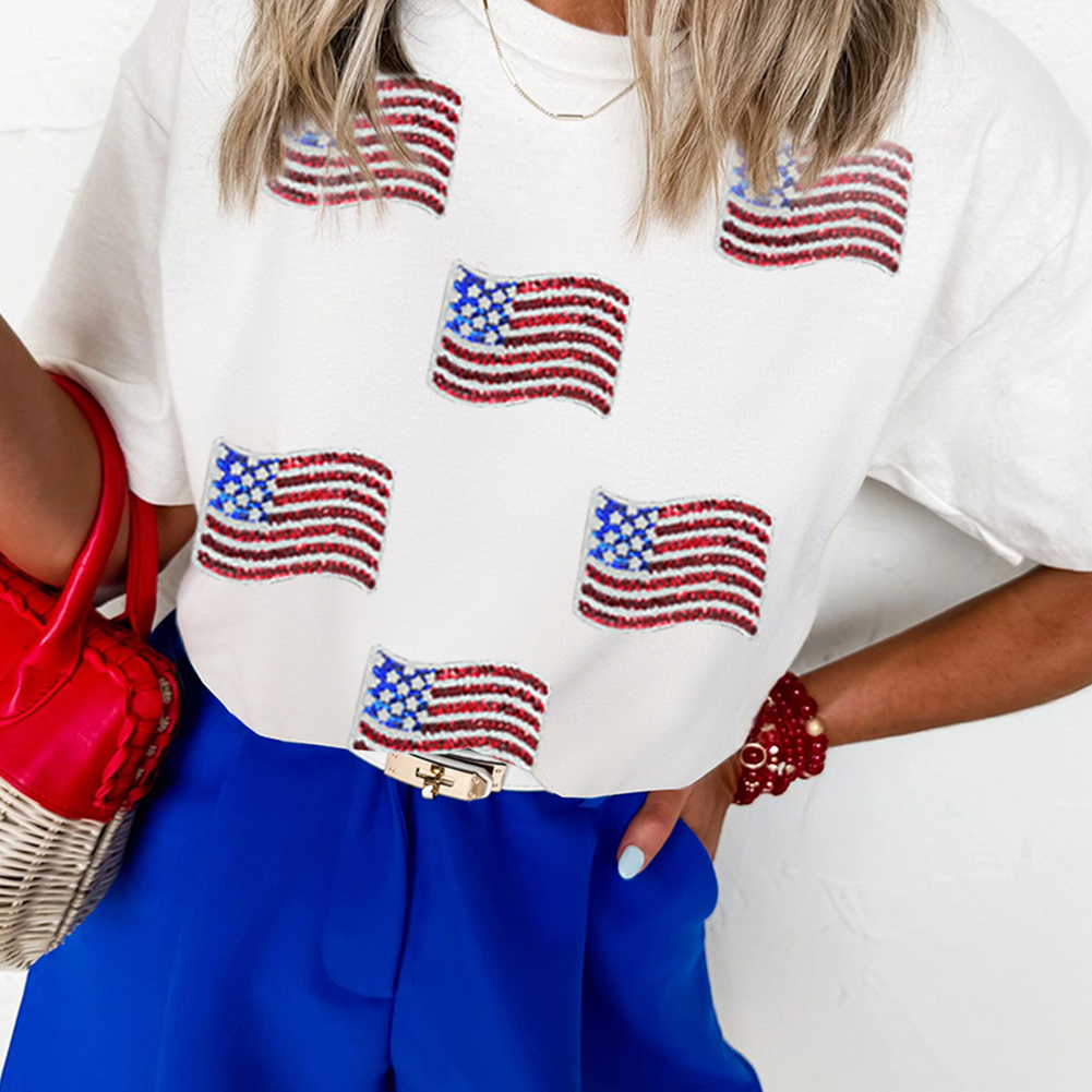White Sequin American Flag Patched Casual T Shirt