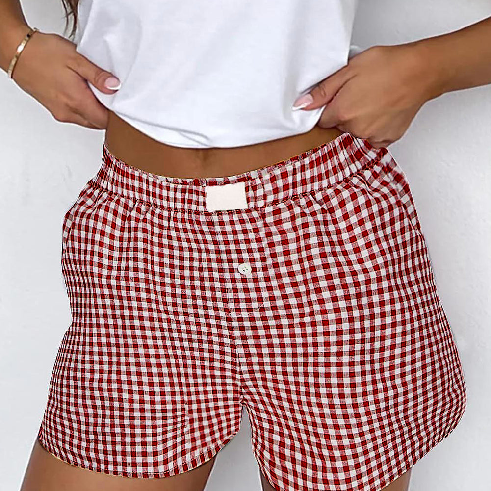 Fern Green Red Plaid Gingham Printed High Waist Shorts