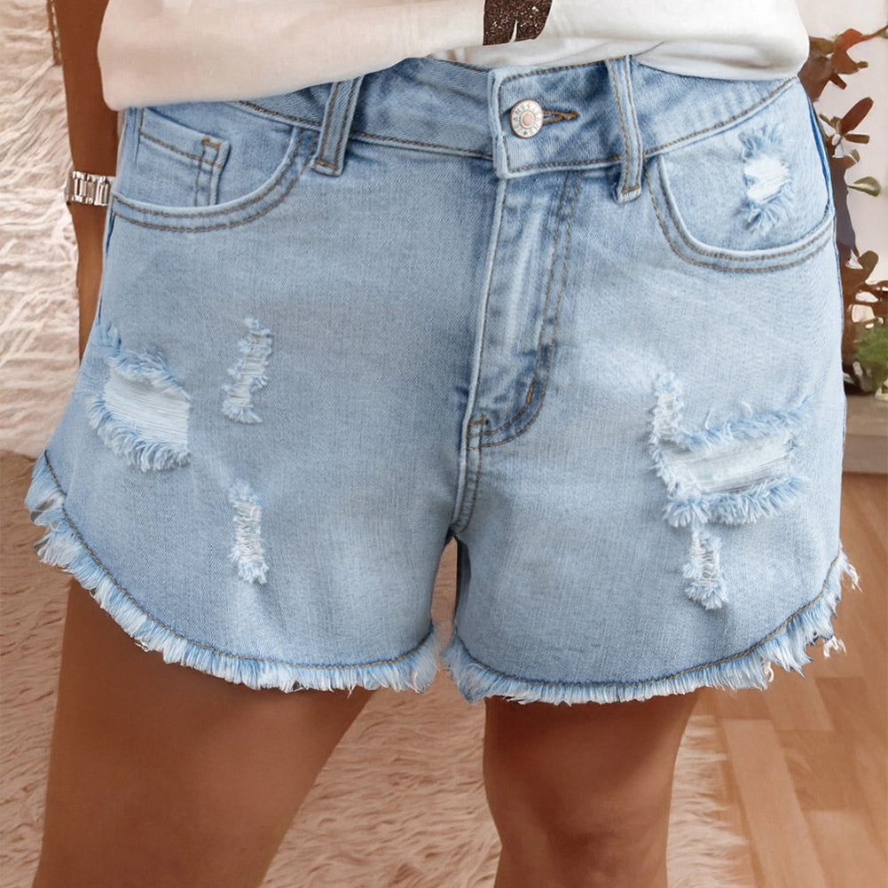 Beau Blue High Rise Distressed Raw Hem Denim Shorts