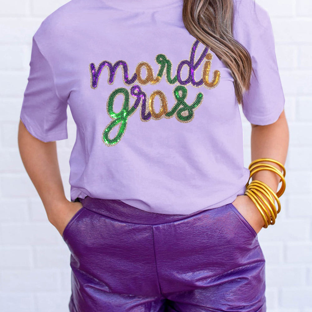 White Sequin mardi gras Graphic T Shirt