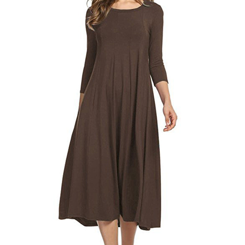 3/4 Sleeve Spring Crew neck Other Other Solid Polyester A-Line Dress Easy Care Knee Length Women