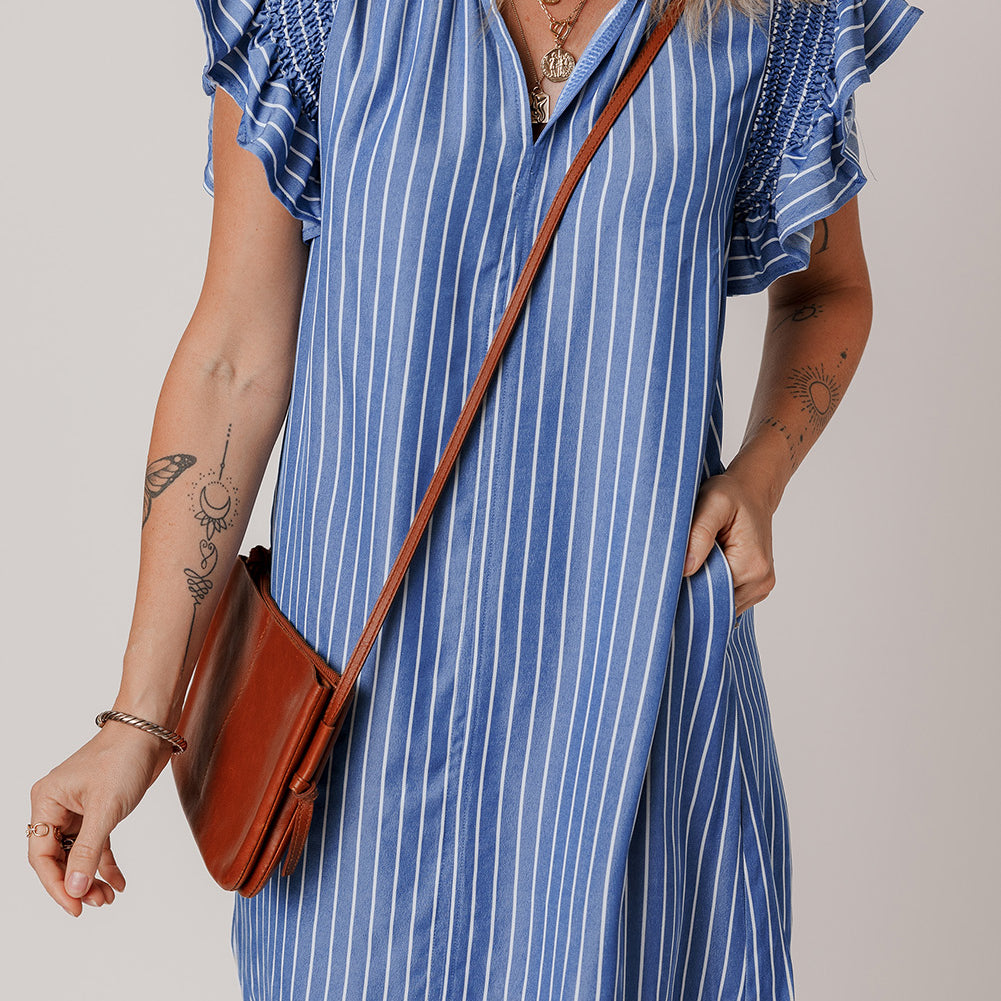 Sky Blue Stripe Frilly Split Neck Shirred Ruffle Sleeve Short Shift Dress