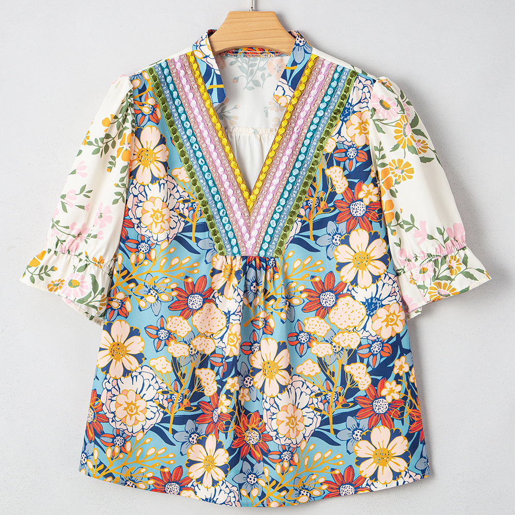 Multicolour Plus Size Floral Print Woven V Neck Half Sleeve Blouse
