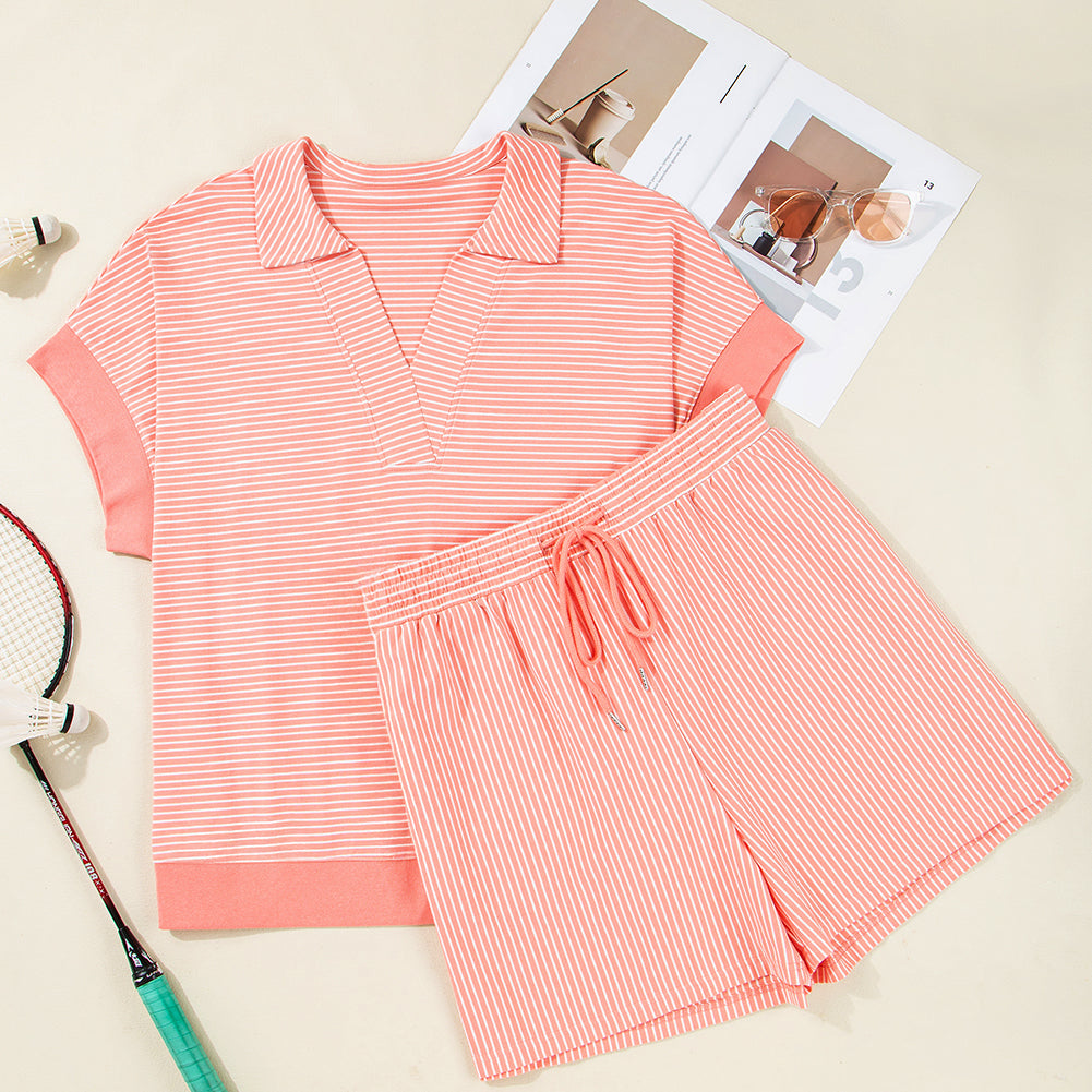 Orange Stripe Loose Polo T Shirt and Shorts Plus Size 2pcs Outfit
