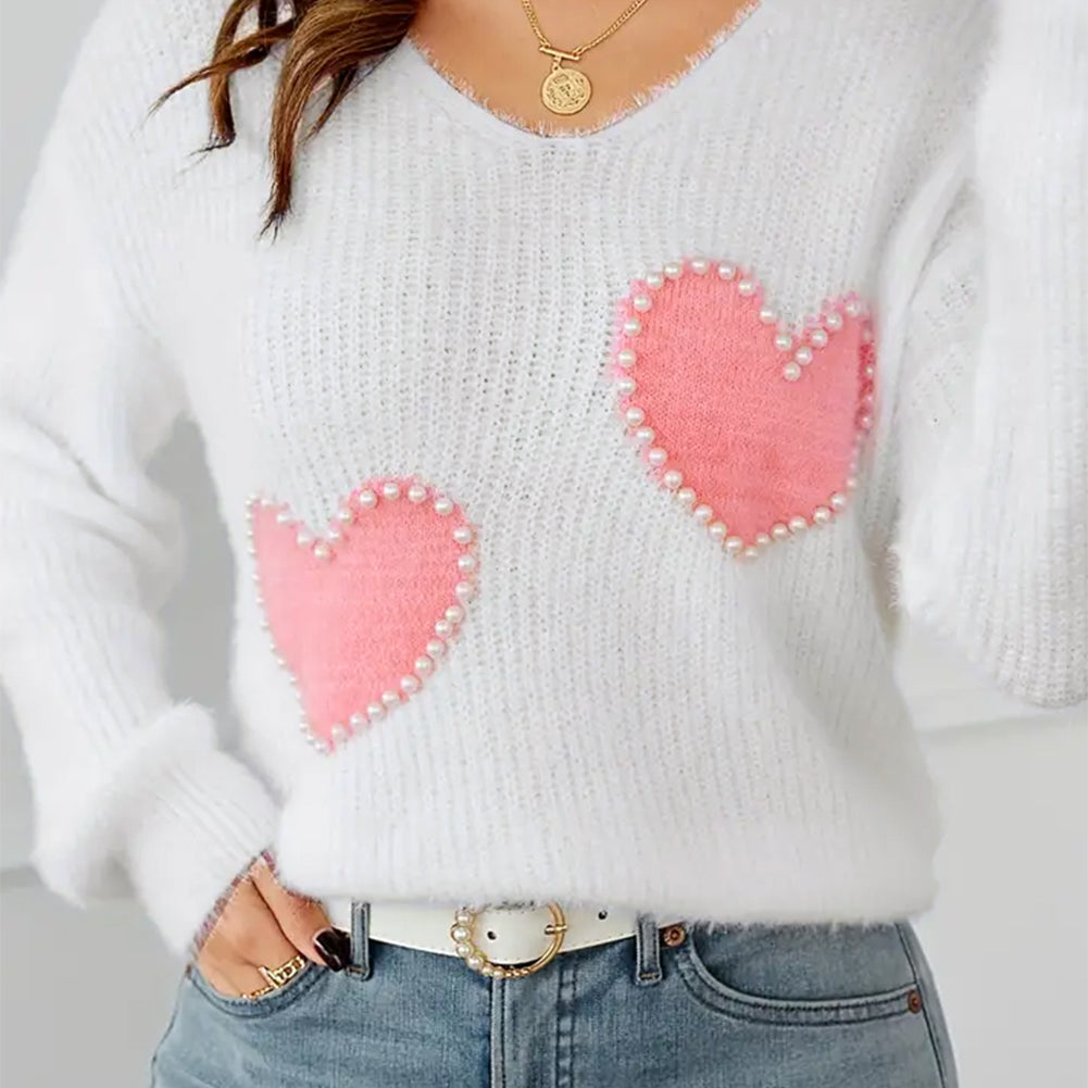 White Pearl Beaded Heart Pattern Fuzzy V Neck Sweater