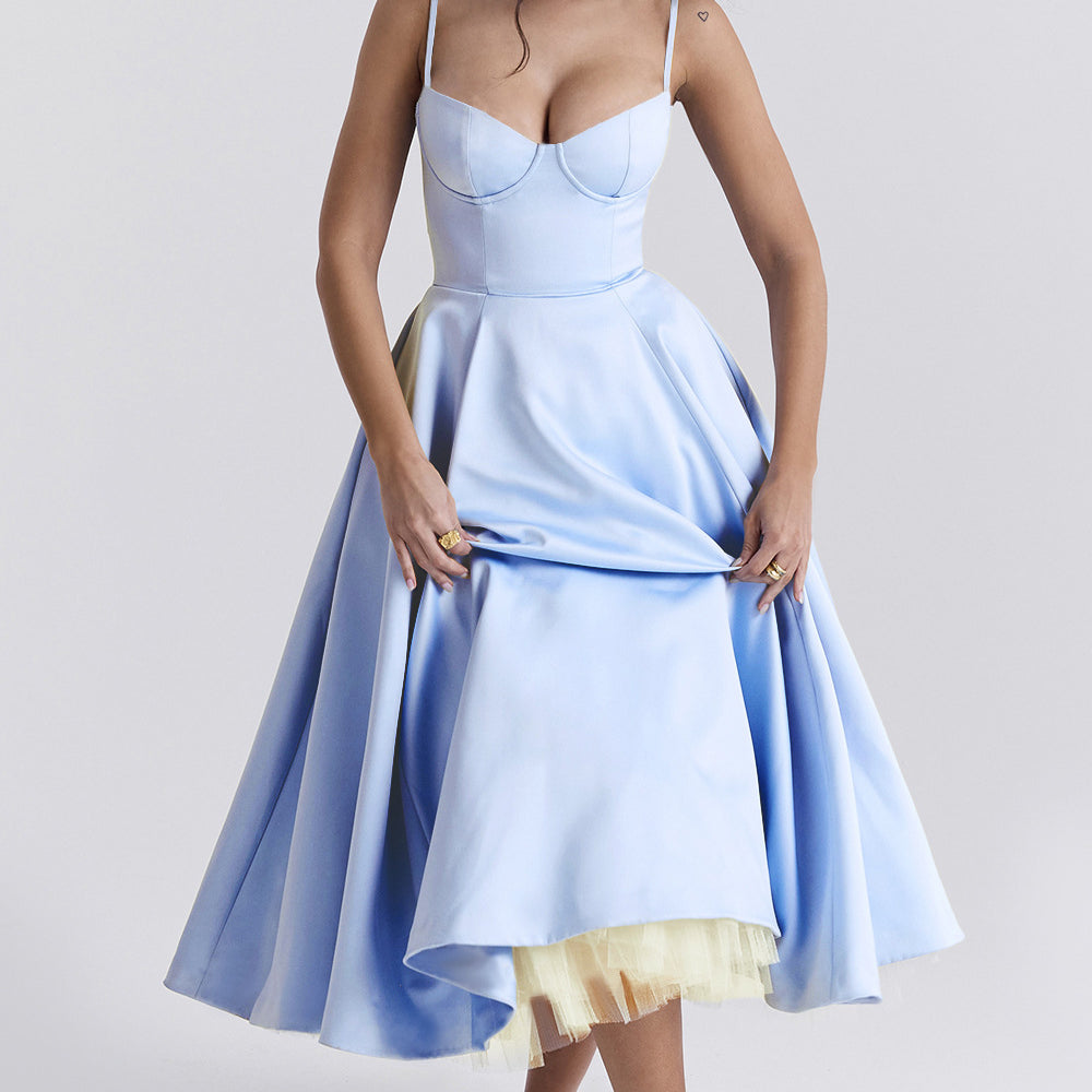 Women Polyester Bandeau Sleeveless Midi A-Line Summer Other Dress None Solid Other