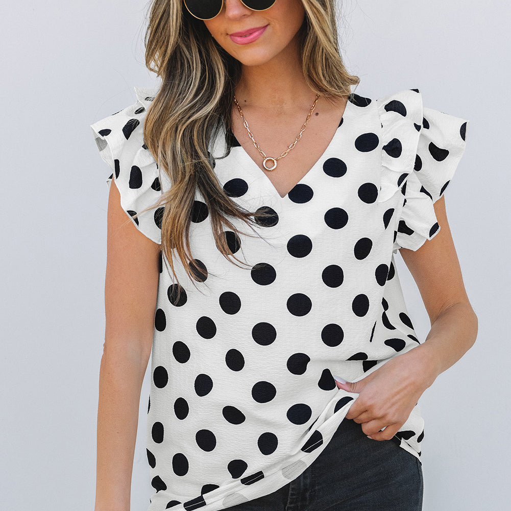Black Polka Dot Print Ruffled Sleeve V Neck Blouse