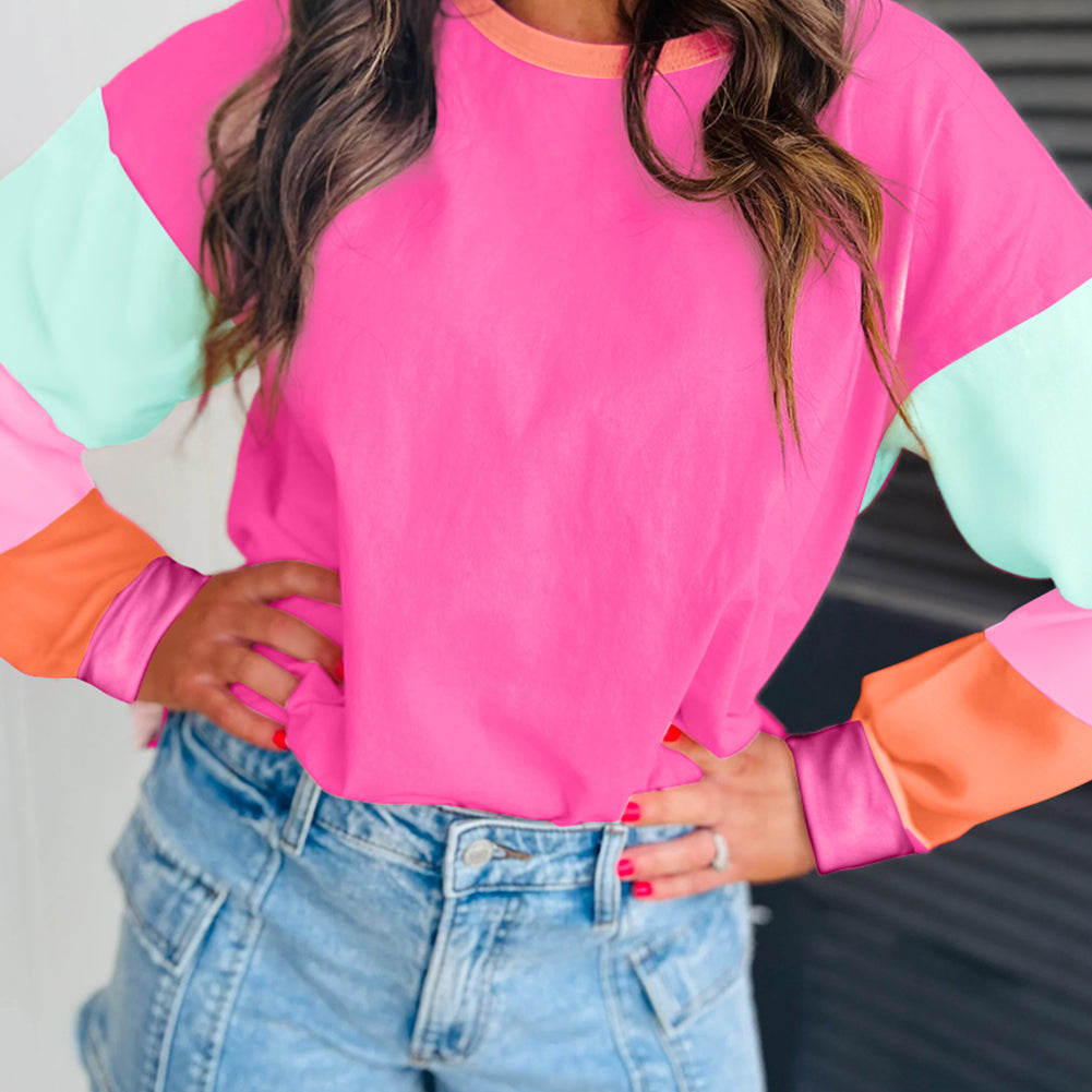 Green Colorblock Patchwork Long Sleeve Loose Top