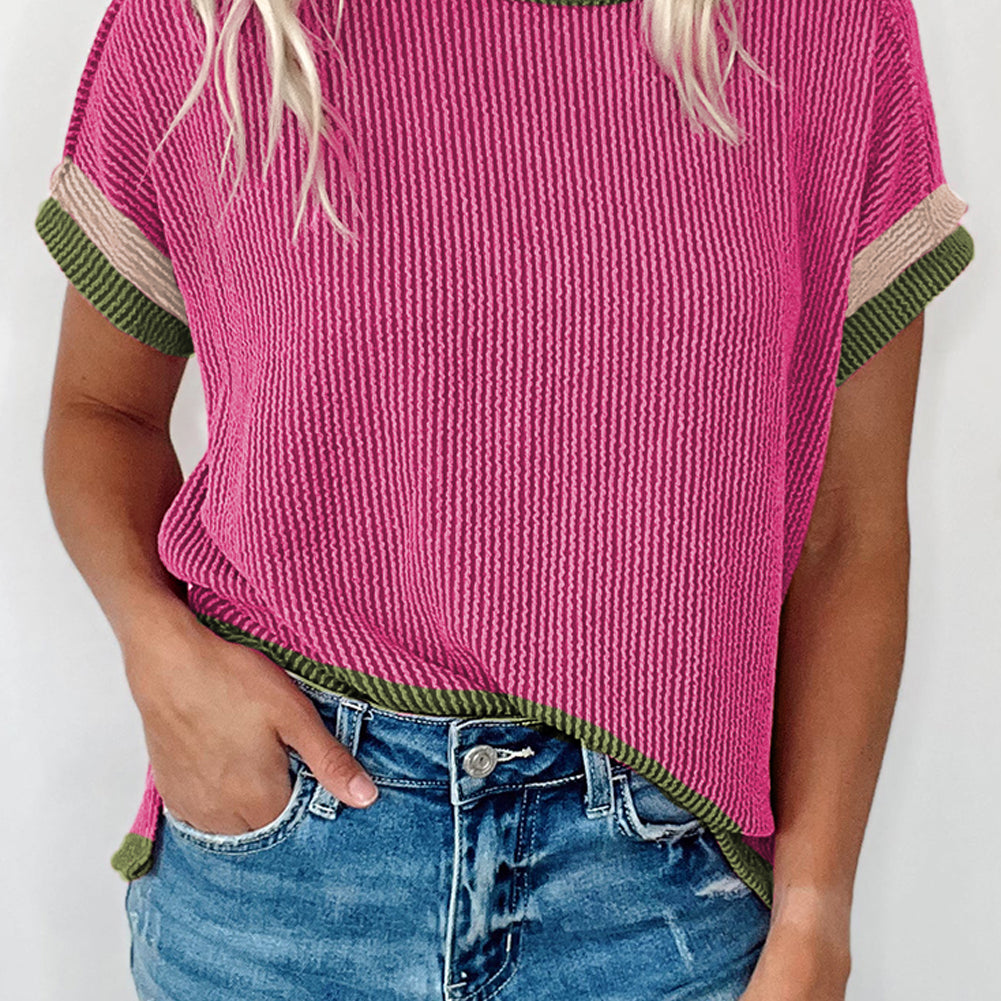 Rose Red Textured Contrast Trim Round Neck T Shirt