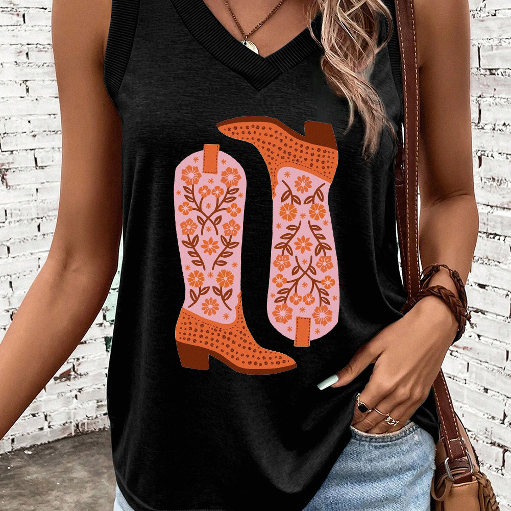 Black Cowgirl Floral Boots Printed Tank Top