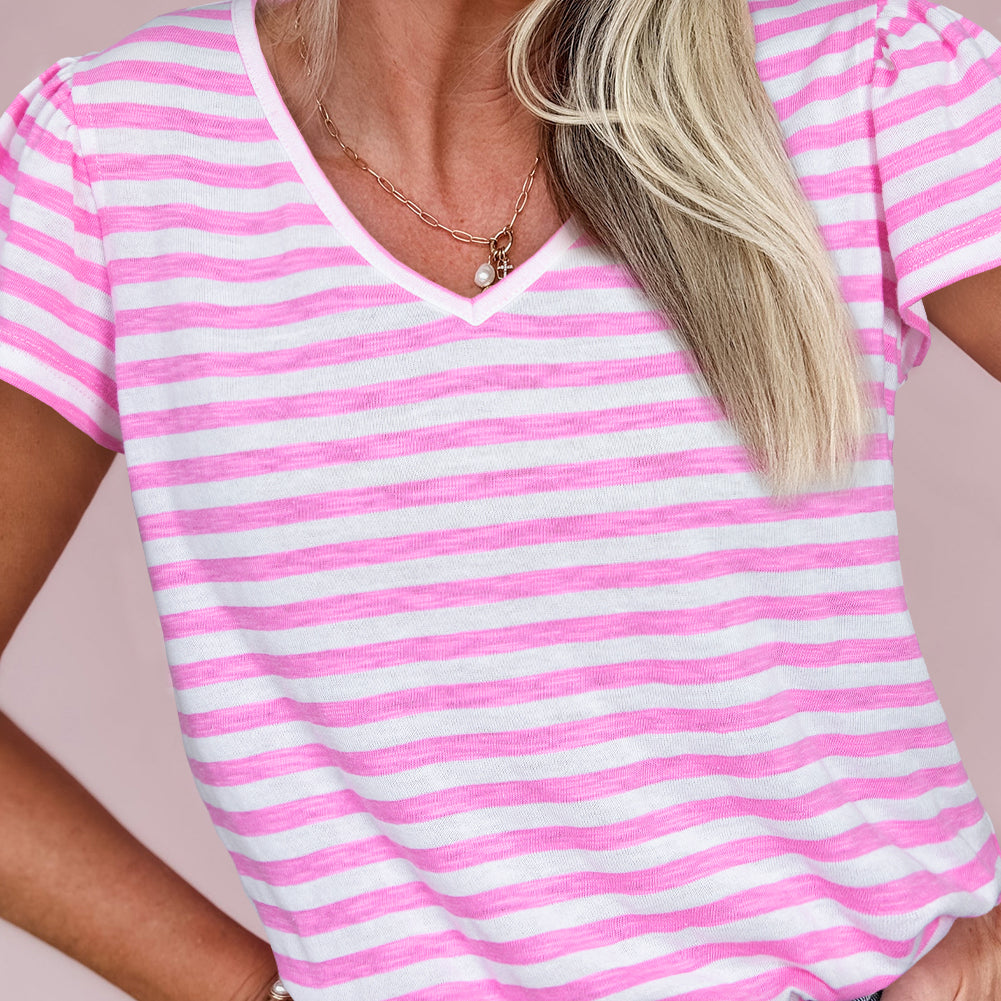 Bonbon Striped V Neck Ruffle Short Sleeve Top