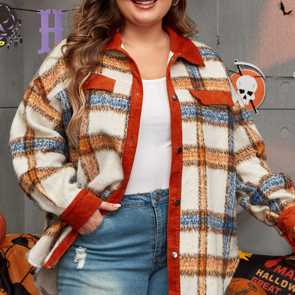 Brown Stripe Plus Size Plaid Print Collared Buttoned Jacket