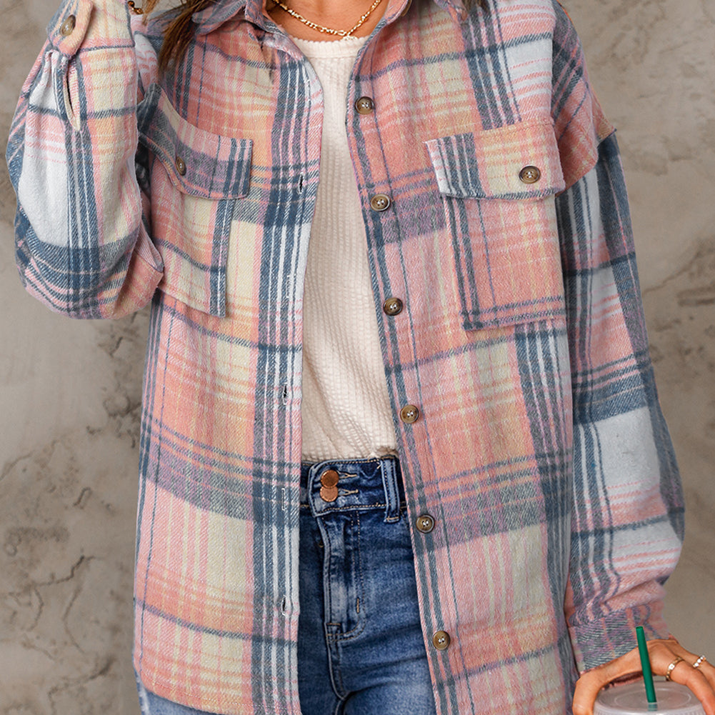 Pink Black/Pink Plaid Flap Pockets Shacket
