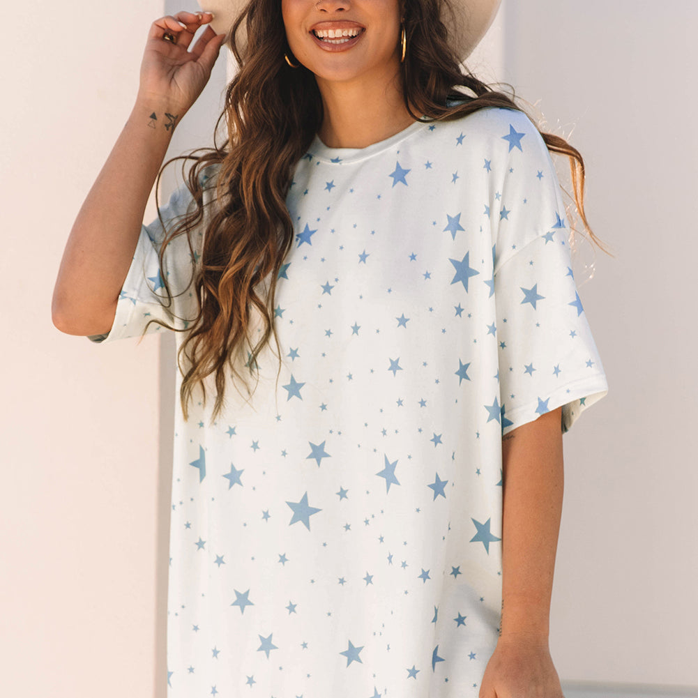 Sky Blue Stars Print Drop Shoulder Oversized T Shirt with Slits