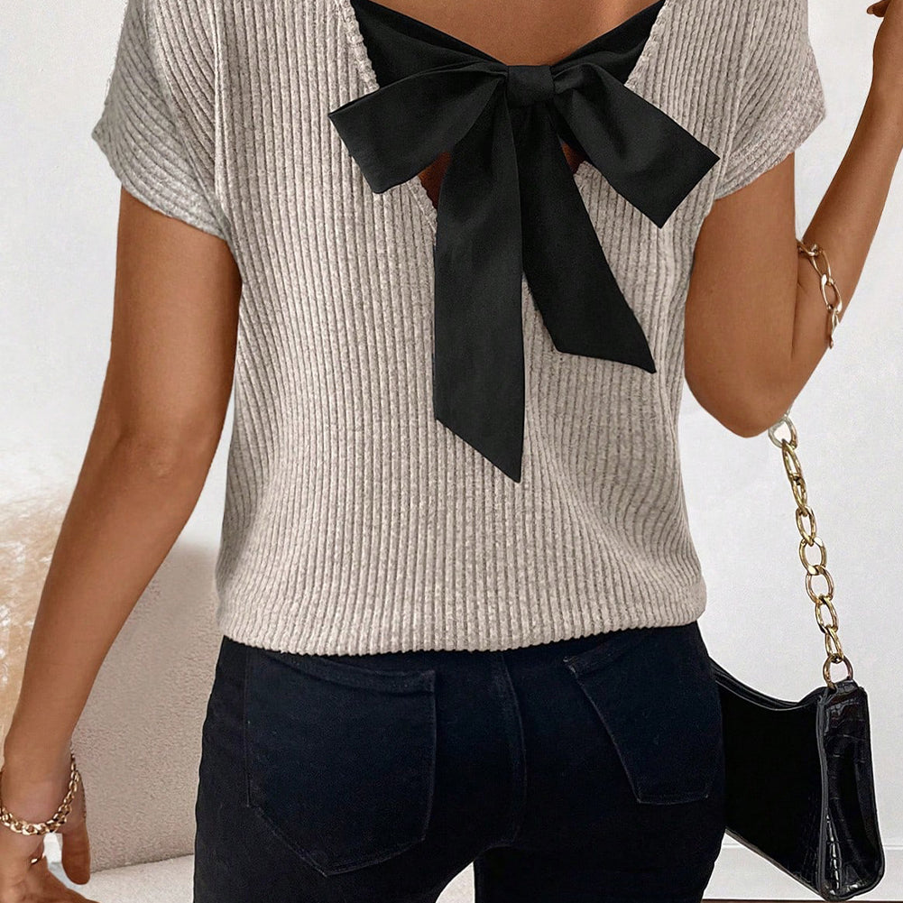 Gray Morn Ribbed Short Sleeve V Neck Colorblock Bow Back Top