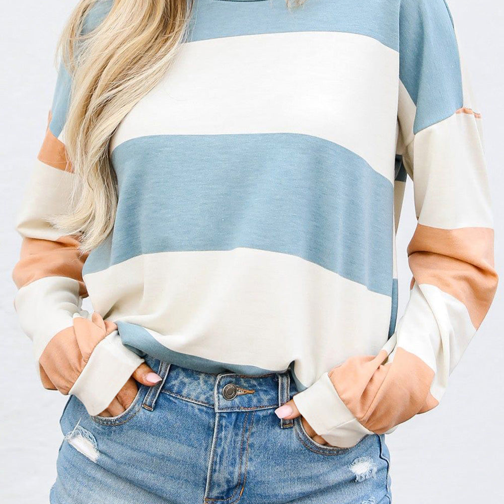 Rose Red Colorblock Striped Drop Shoulder Long Sleeve Top