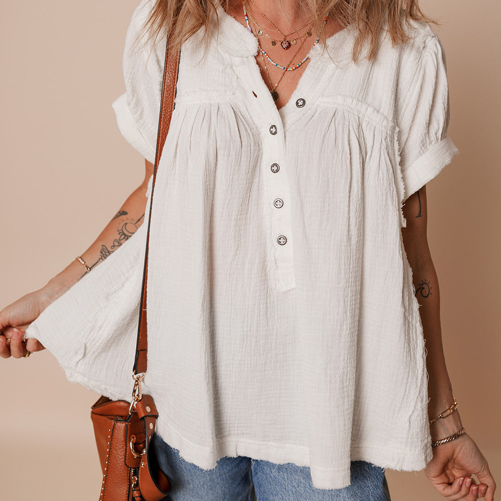 White Textured Short Sleeve Buttons Frayed Blouse