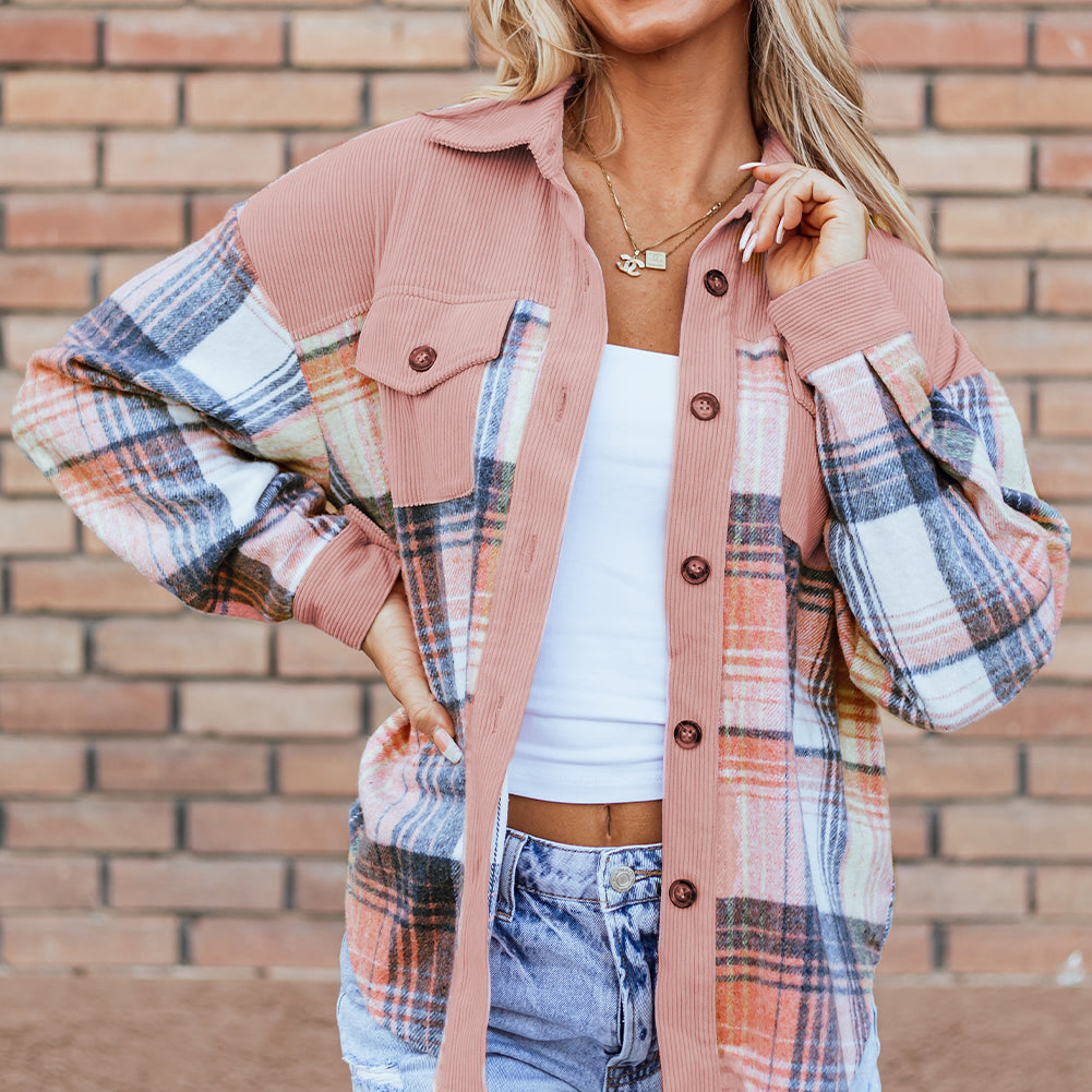 Cinnamon Plaid Corduroy Patchwork Chest Pocket Shacket