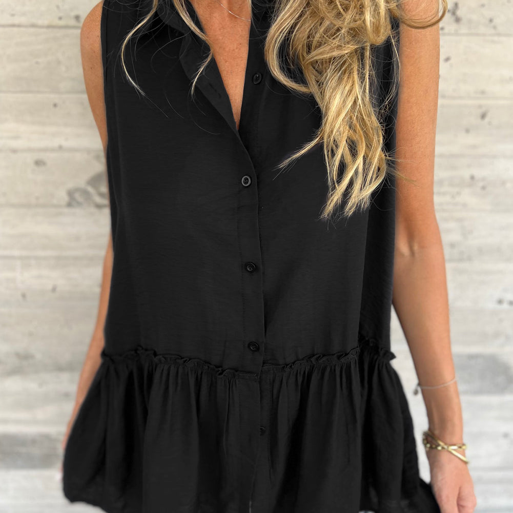 Black Sleeveless Buttoned Front Ruffle Hem Tunic Shirt