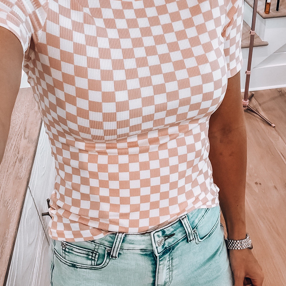 Black Checkered Ribbed Slim Fit Crew Neck T Shirt
