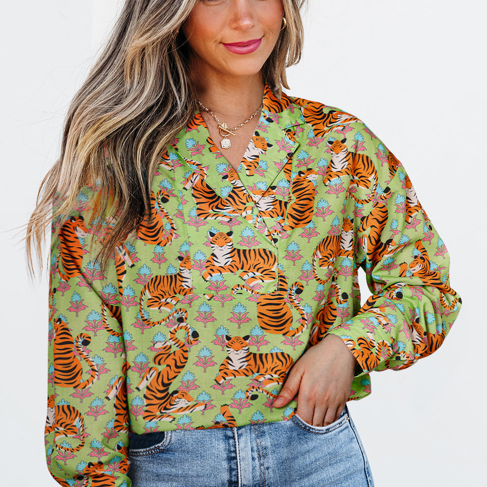 Green Tiger Floral Printed Collared V Neck Casual Shirt