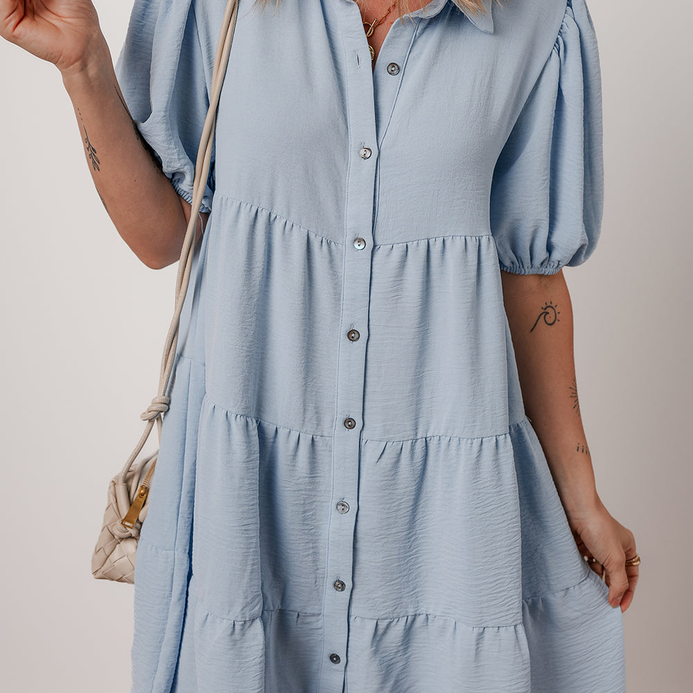 Beau Blue Shirt Collar Button Up Short Puff Sleeve Tiered Shift Dress