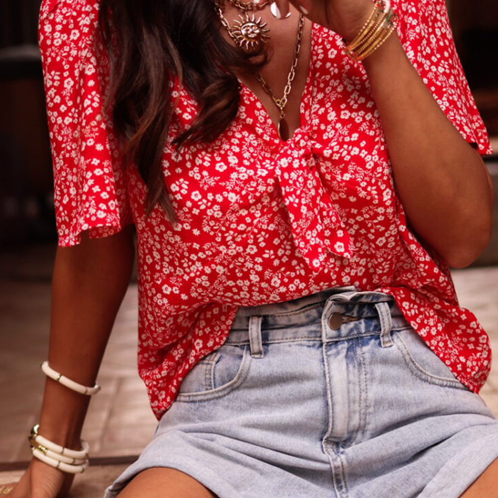 Red Boho Floral Printed Half Sleeve Knotted V Neck Blouse