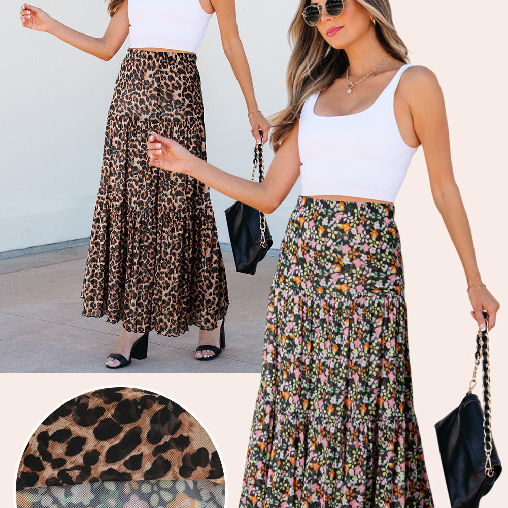 Brown Leopard Floral Reversible Ruffle Hem Maxi Skirt