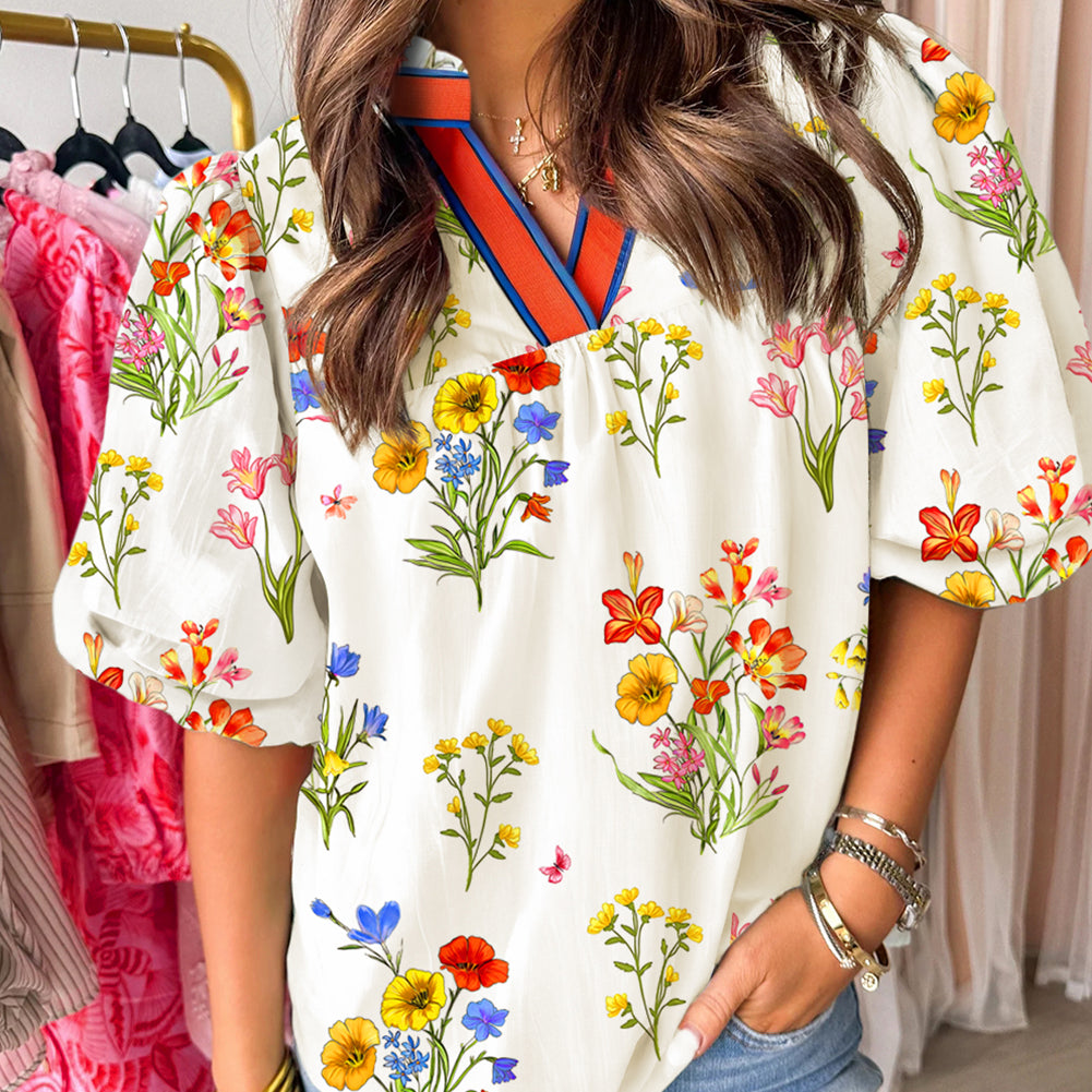 White Floral Short Puff Sleeve Contrast V Neck Print Blouse