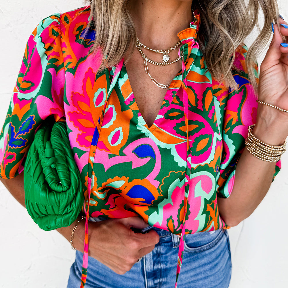 Rose Summer Plant Print Lace up V Neck Short Sleeve Blouse