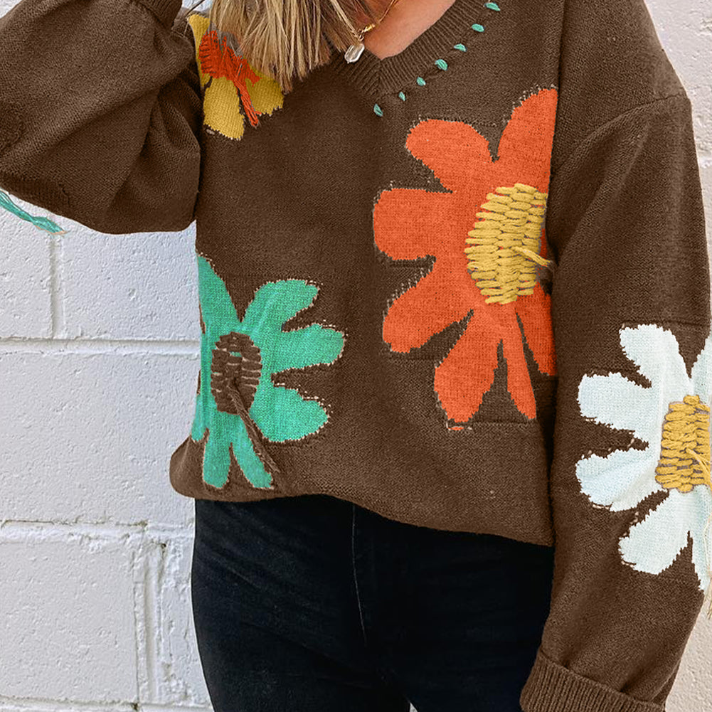Coffee Big Flower Pattern V Neck Drop Shoulder Sweater