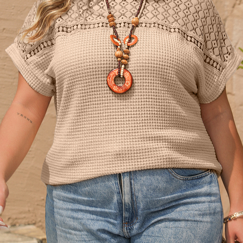 Oatmeal Lace Patchwork Waffle Short Sleeve Plus Size Top