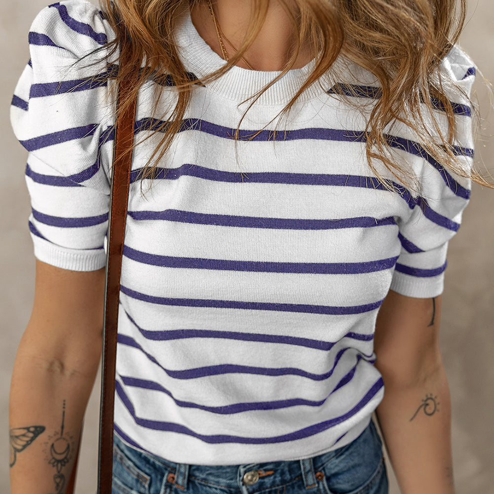 Blue Stripe Ribbed Trim Round Neck Bubble Sleeve Knitted Top