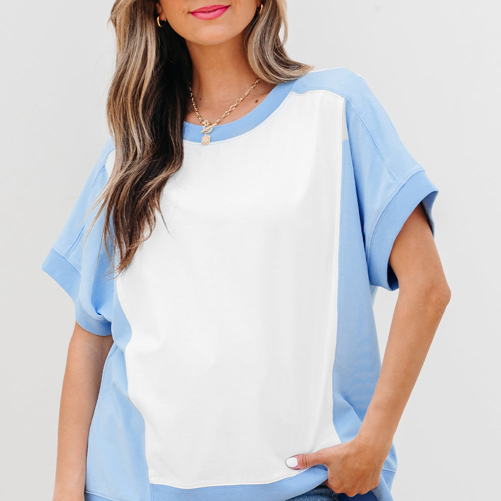 Light Green Color Block Exposed Seam Crew Neck T Shirt