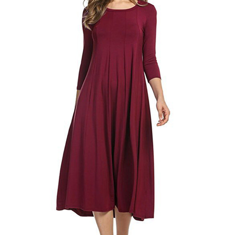 3/4 Sleeve Spring Crew neck Other Other Solid Polyester A-Line Dress Easy Care Knee Length Women
