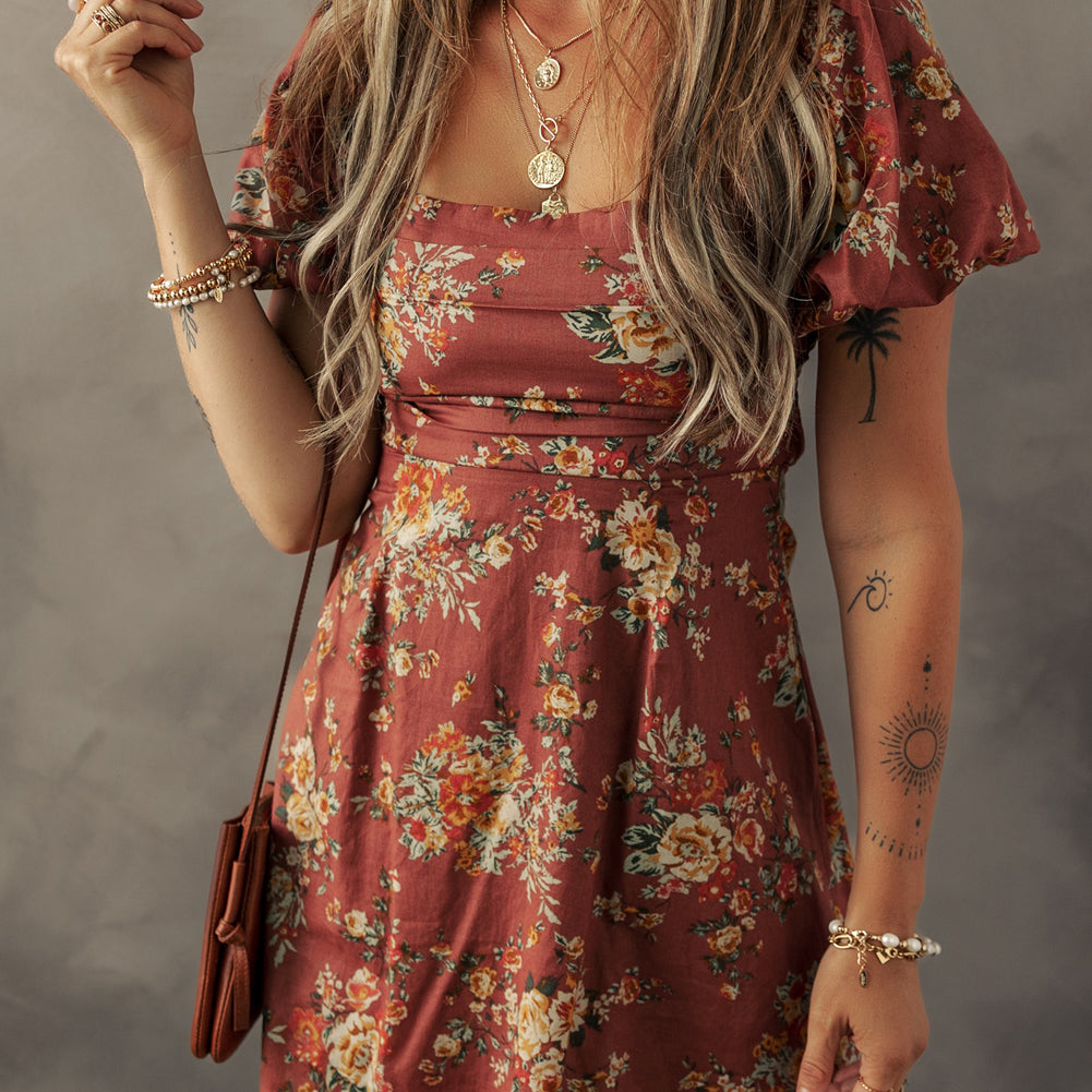 Red Floral Puff Sleeve Square Neck Knot Open Back Mini Dress