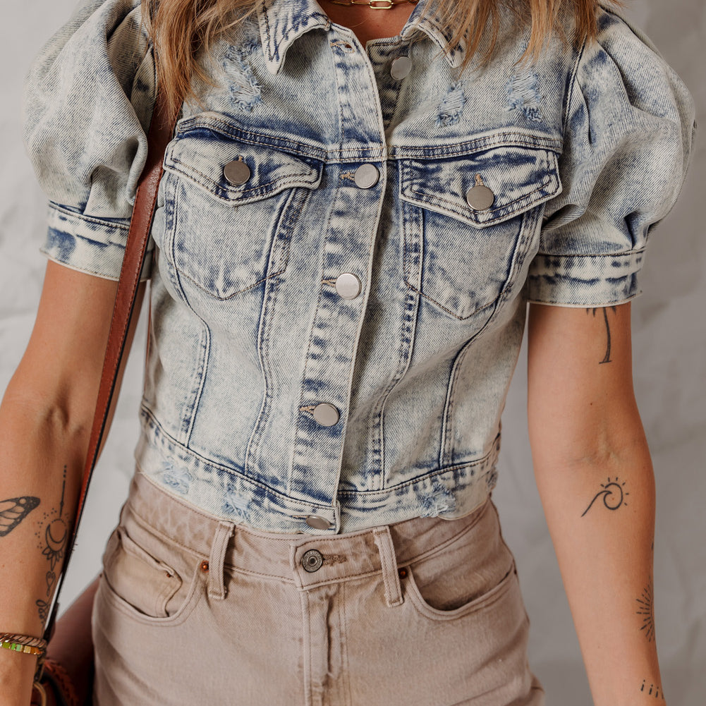 Beau Blue Light Wash Buttoned Chest Pocket Puff Sleeve Denim Jacket
