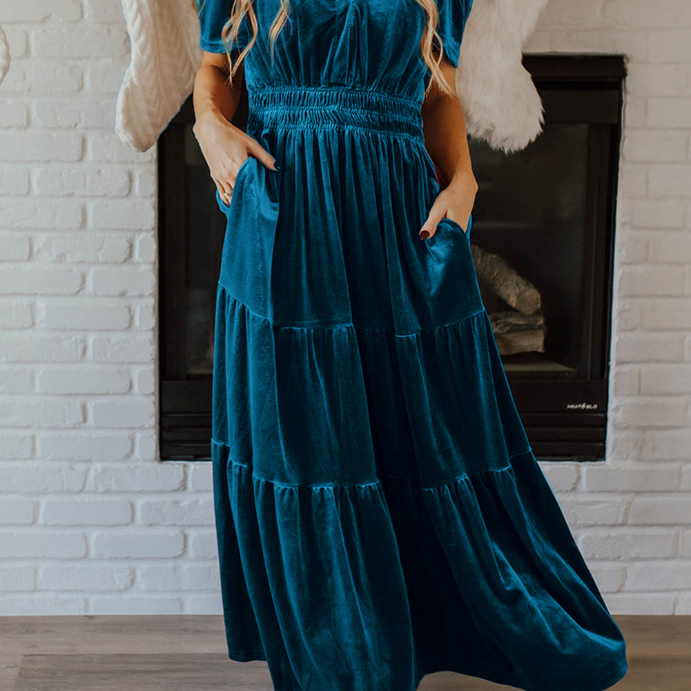 Evergreen Velvet Short Sleeve Shirred Waist Tiered Maxi Dress