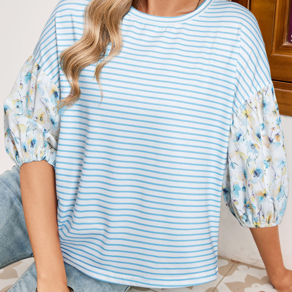 Sky Blue Stripe 3/4 Floral Puff Sleeve Patchwork Drop Shoulder Top