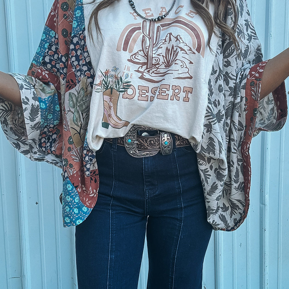 Multicolour Asymmetric Printed Patchwork Sleeve Peace Desert Graphic Top